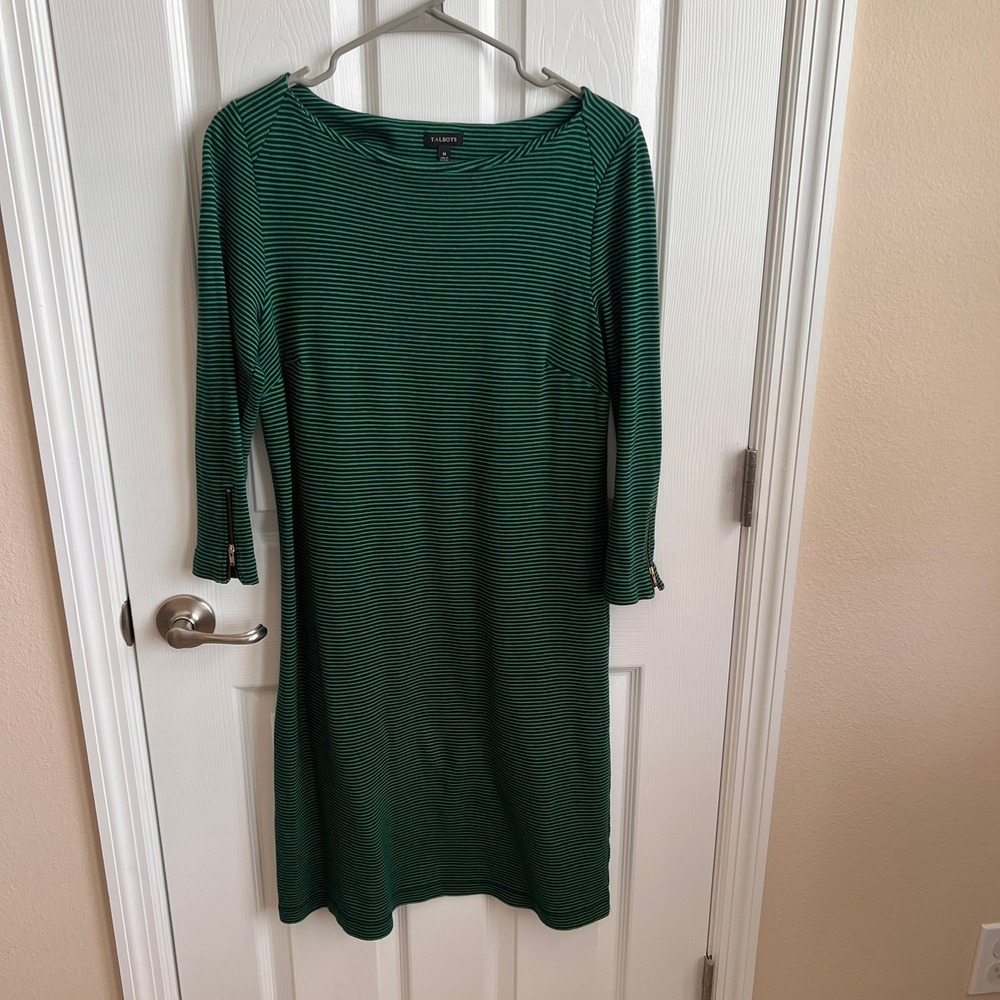 Talbots‎ Striped Sheath Dress Long Sleeve Zipper Detail Green Black Cotton M